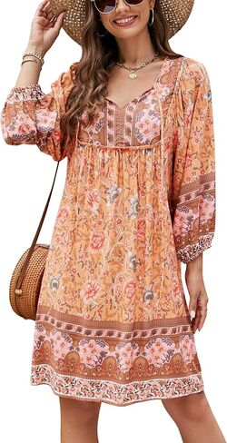 Bluetime Women Casual Summer Dress Boho V Neck 3/4 Sleeve Babydoll Floral Print Flowy Beach Dress in Saudi Arabia