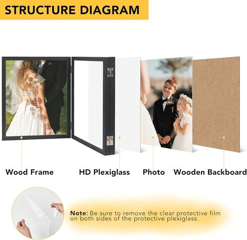 3 Picture Frame 8x10 Hinged Folding Vertical Stand for Tabletop Display, Wood Three Opening 8x10 Triple Photo Frame Collage with Shatter Resistant Plexiglass, Black in Kuwait