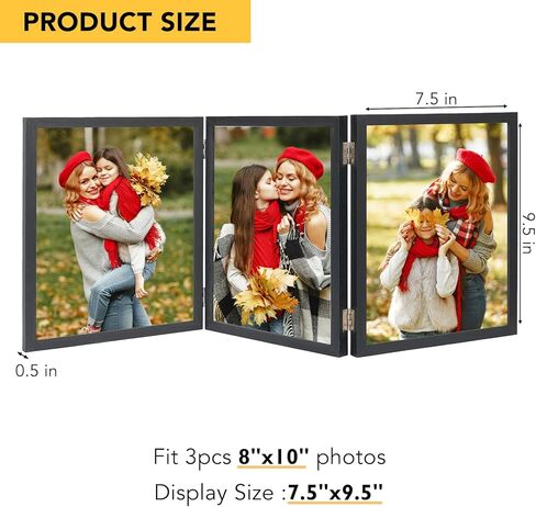 3 Picture Frame 8x10 Hinged Folding Vertical Stand for Tabletop Display, Wood Three Opening 8x10 Triple Photo Frame Collage with Shatter Resistant Plexiglass, Black in Kuwait