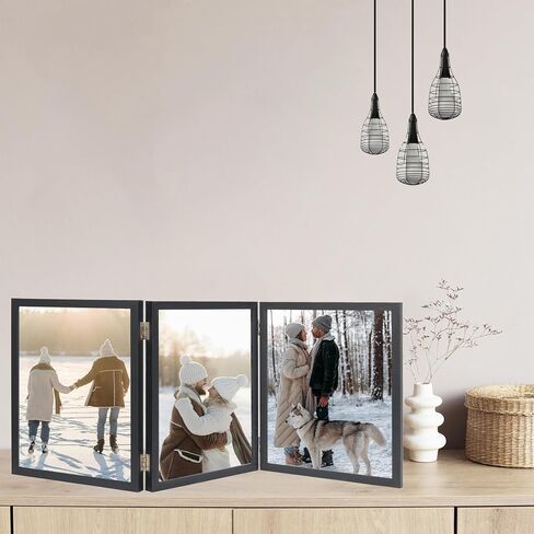 3 Picture Frame 8x10 Hinged Folding Vertical Stand for Tabletop Display, Wood Three Opening 8x10 Triple Photo Frame Collage with Shatter Resistant Plexiglass, Black in Kuwait