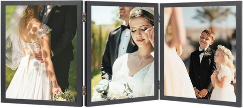 3 إطارات صور 8 × 10 حامل عمودي قابل للطي لعرض الطاولة، إطار خشبي ثلاثي الفتحات مقاس 8 × 10 مع زجاج شبكي مقاوم للكسر، أسود in Kuwait