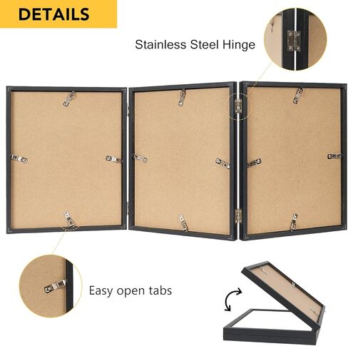 3 إطارات صور 8 × 10 حامل عمودي قابل للطي لعرض الطاولة، إطار خشبي ثلاثي الفتحات مقاس 8 × 10 مع زجاج شبكي مقاوم للكسر، أسود in Kuwait