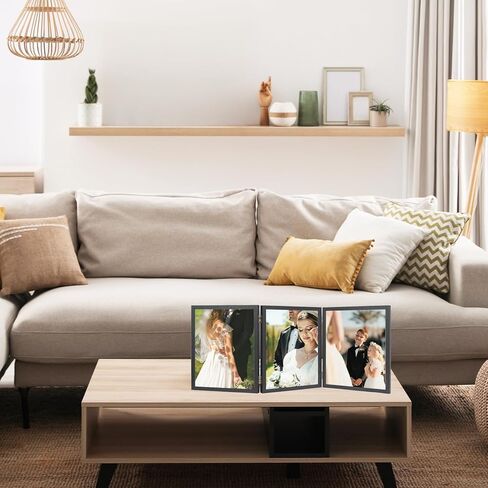 3 إطارات صور 8 × 10 حامل عمودي قابل للطي لعرض الطاولة، إطار خشبي ثلاثي الفتحات مقاس 8 × 10 مع زجاج شبكي مقاوم للكسر، أسود in Kuwait
