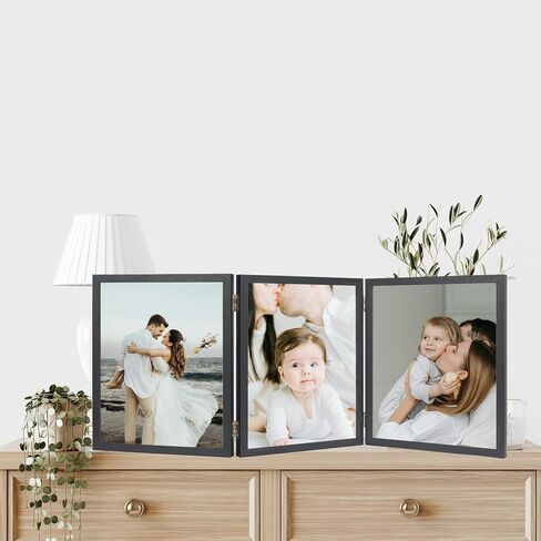 3 إطارات صور 8 × 10 حامل عمودي قابل للطي لعرض الطاولة، إطار خشبي ثلاثي الفتحات مقاس 8 × 10 مع زجاج شبكي مقاوم للكسر، أسود in Kuwait