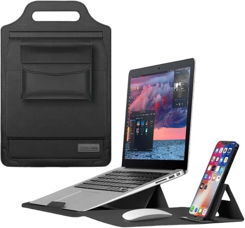 4-in-1 Laptop Sleeve with Laptops Stand,Phone Stand and Mouse Pad,Ergonomic Adjustable Angles,Leather Material (Black, 13/14in) in Saudi Arabia