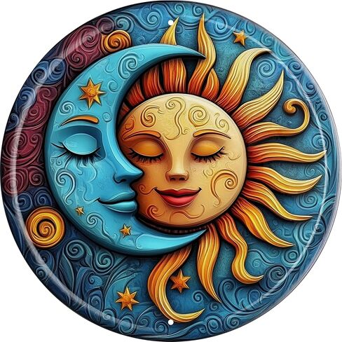 Vintage Round Tin The Sun And Moon Sign Retro Metal Sign Suitable For Home Street Shop Garage Bar Farm Garden - Multi-Purpose For Indoor/Outdoor Use Plaque 8x8 Inch in Saudi Arabia