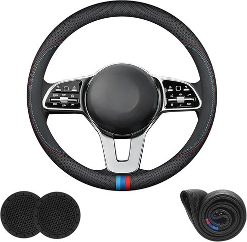 غطاء عجلة قيادة السيارة مصنوع من جلد نابا مناسب لمرسيدس بنز GLC 300 GLE 350 450 C300 Sprinter GLA 250 GLA 250 GLB 250، عالمي 15 بوصة مع شعار، غير قابل للانزلاق وجيد التهوية، أسود in Kuwait