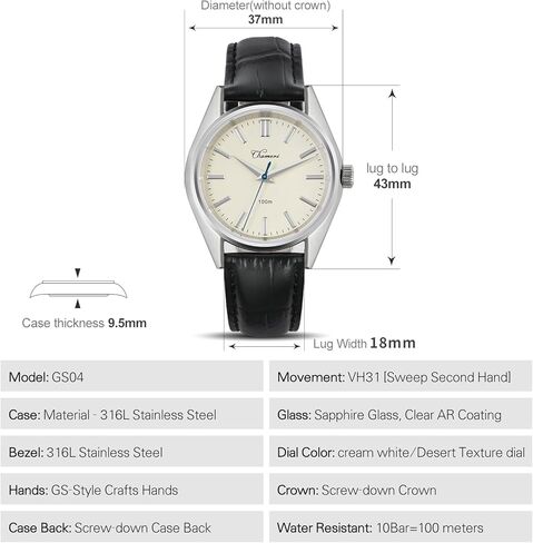 TACTICAL FROG Chameri Men's Watches VH31 Quartz Movement - 37 MM / 40 MM Dress Watches for Men Casual Leather Band Minimalist and Classic Style Watches in Saudi Arabia