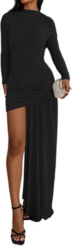 Women’s Long Sleeve Ruched Maxi Dress Sexy Irregular Elegant Bodycon Party Gowns Cocktail Long Dresses in Kuwait