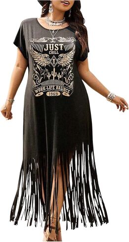 Women's Plus Size Western T Shirt Dress Graphic Fringe Boho Cowgirl Dress Crew Neck Dolman Sleeve Concert Dresses in Saudi Arabia