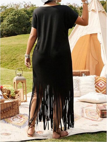Women's Plus Size Western T Shirt Dress Graphic Fringe Boho Cowgirl Dress Crew Neck Dolman Sleeve Concert Dresses in Saudi Arabia