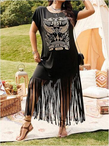 Women's Plus Size Western T Shirt Dress Graphic Fringe Boho Cowgirl Dress Crew Neck Dolman Sleeve Concert Dresses in Saudi Arabia