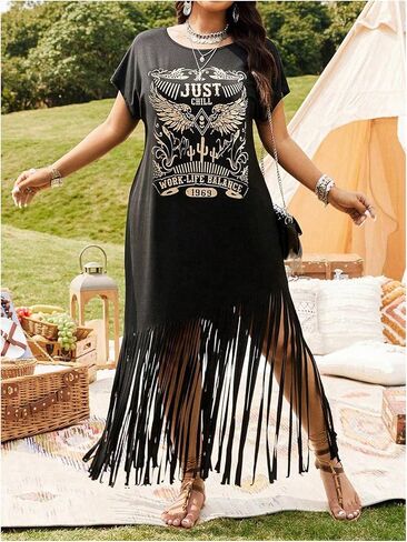 Women's Plus Size Western T Shirt Dress Graphic Fringe Boho Cowgirl Dress Crew Neck Dolman Sleeve Concert Dresses in Saudi Arabia