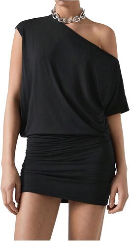 Milumia Women's One Shoulder Ruched Mini Dress Asymmetrical Neck Short Sleeve T Shirt Bodycon Short Dresses in Saudi Arabia