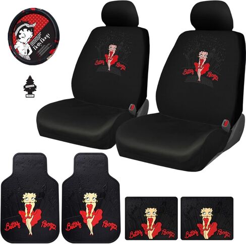 Yupbizauto Platicolors Betty Boop Skyline Design Car Accessories Set New Seat Covers, Front and Rear Rubber Mats, Steering Wheel Cover Air Freshener Stylish Protection for Cars SUVs Trucks & Vans in Kuwait