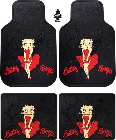 Yupbizauto Platicolors Betty Boop Skyline Design Car Accessories Set New Seat Covers, Front and Rear Rubber Mats, Steering Wheel Cover Air Freshener Stylish Protection for Cars SUVs Trucks & Vans in Kuwait