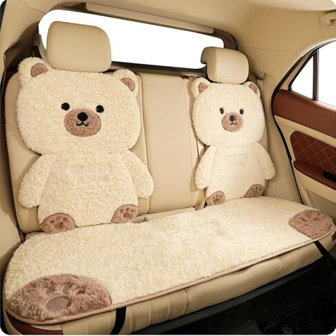 Car Seat Covers-Cute Bear Pattern Car Decorators for Women.Car Seat Protectors with Slip-Resistant Backing & Breathable Fabric for Universal Cars (Khaki, 2 Back Pad Cover+1 Rear Bench Seat Pad) in Kuwait
