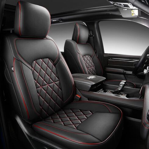 Car Seat Covers for 2019-2026 Dodge Ram 1500 Crew Cab - Full Set Nappa Leather - 46-Split Flat Rear Bench Design, Compatible with Big Horn/Rebel/Lone Star/HFE Trims(Black&Red) in Saudi Arabia