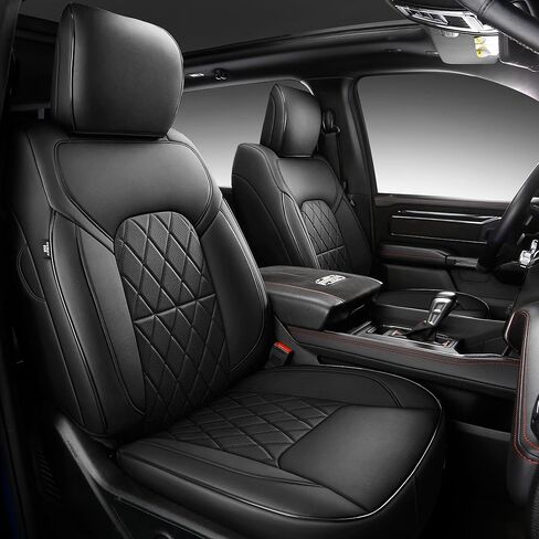 أغطية مقاعد السيارة لعام 2019-2026 Dodge Ram 1500 Crew Cab - مجموعة كاملة من جلد نابا - تصميم مقعد خلفي مسطح 46 منفصل، متوافق مع زخارف Big Horn/Rebel/Lone Star/HFE (أسود وأحمر) in Kuwait