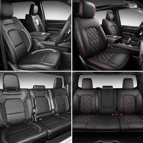 Car Seat Covers for 2019-2026 Dodge Ram 1500 Crew Cab - Full Set Nappa Leather - 46-Split Flat Rear Bench Design, Compatible with Big Horn/Rebel/Lone Star/HFE Trims(Black&Red) in Saudi Arabia