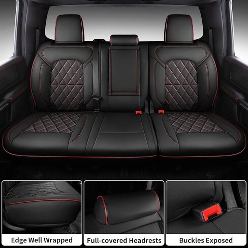 Car Seat Covers for 2019-2026 Dodge Ram 1500 Crew Cab - Full Set Nappa Leather - 46-Split Flat Rear Bench Design, Compatible with Big Horn/Rebel/Lone Star/HFE Trims(Black&Red) in Saudi Arabia