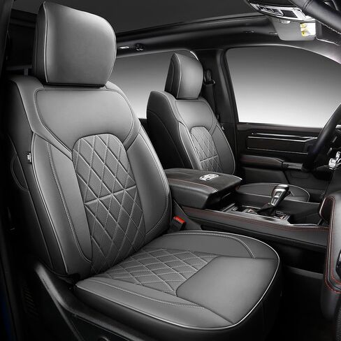 Car Seat Covers for 2019-2026 Dodge Ram 1500 Crew Cab - Full Set Nappa Leather - 46-Split Flat Rear Bench Design, Compatible with Big Horn/Rebel/Lone Star/HFE Trims(Black&Red) in Saudi Arabia