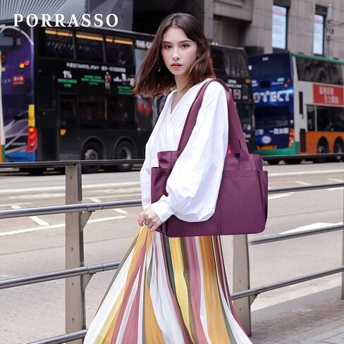 PORRASSO حقيبة يد نايلون مقاومة للماء حقيبة كتف للنساء للتسوق والسفر والعمل والاستخدام اليومي باللون الأرجواني in Kuwait