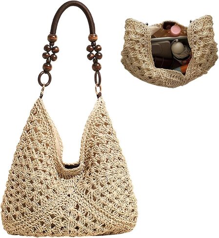 حقيبة الشاطئ للنساء حقيبة الشاطئ مع مشبك مغناطيسي ومقبض مطرز حقيبة بوهو الجمالية المتماسكة للسفر المواعدة التسوق in Kuwait