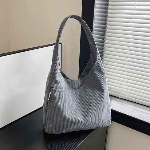 Fashion Corduroy Tote Bag for Women, Large Capacity Shoulder Bag, Solid Color Casual Handbag with Pockets, Grey in Saudi Arabia