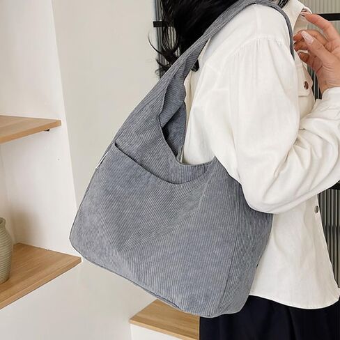 Fashion Corduroy Tote Bag for Women, Large Capacity Shoulder Bag, Solid Color Casual Handbag with Pockets, Grey in Saudi Arabia