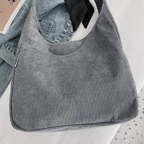 Fashion Corduroy Tote Bag for Women, Large Capacity Shoulder Bag, Solid Color Casual Handbag with Pockets, Grey in Saudi Arabia