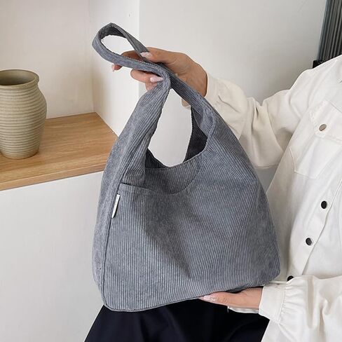 Fashion Corduroy Tote Bag for Women, Large Capacity Shoulder Bag, Solid Color Casual Handbag with Pockets, Grey in Saudi Arabia