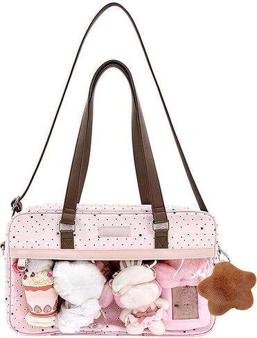 Pink Polka Dot Ita Bag with Clear Window, Large Capacity Tote Bag with Brown Straps, Y2K Style Fashion Handbag for Daily Use | Polka Dot, Ita Bag, Pins Display Bag, Japanese Style, Cute, JK in Saudi Arabia