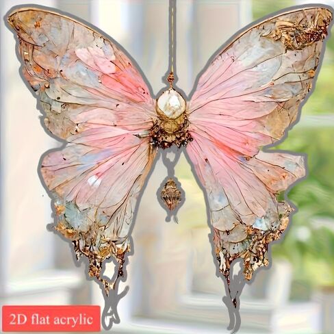 2D Flat Acrylic Butterfly Pendant - Elegant Pink & Golden Floral with Sparkling Accents for Car Interior, Backpack, Home Decor, for Friends, Butterfly Decorations in Saudi Arabia