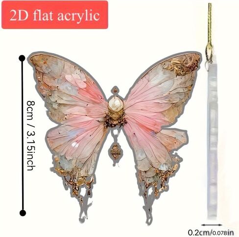 2D Flat Acrylic Butterfly Pendant - Elegant Pink & Golden Floral with Sparkling Accents for Car Interior, Backpack, Home Decor, for Friends, Butterfly Decorations in Saudi Arabia