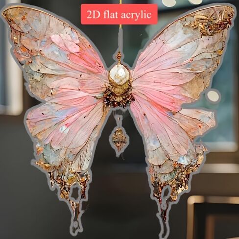 2D Flat Acrylic Butterfly Pendant - Elegant Pink & Golden Floral with Sparkling Accents for Car Interior, Backpack, Home Decor, for Friends, Butterfly Decorations in Saudi Arabia