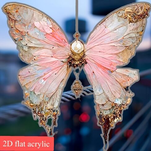 2D Flat Acrylic Butterfly Pendant - Elegant Pink & Golden Floral with Sparkling Accents for Car Interior, Backpack, Home Decor, for Friends, Butterfly Decorations in Saudi Arabia