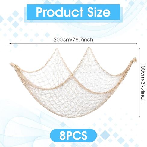 8 Pieces Natural Fish Net Ocean Themed Wall Hangings Party Decor Decoration Fish Net Decorative Supplies Natural Cotton Fishnet Accessory for Sea Party in Kuwait
