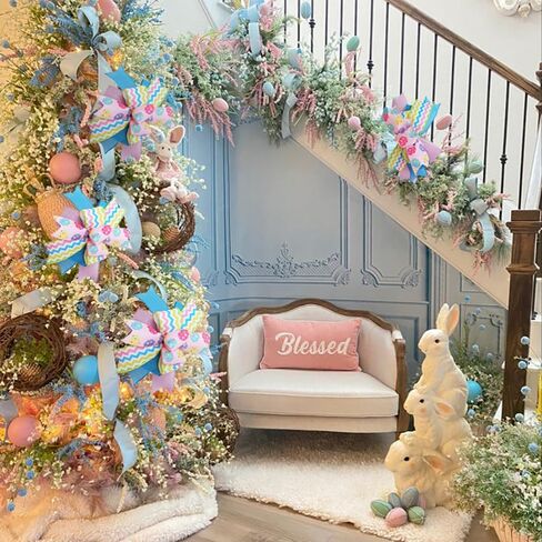 Easter Wreath Bows 10X12Inch, Pre-Tied Striped Easter Egg Wired Ribbon Spring Bow, Tree Topper Bow for Front Door Indoor Outdoor Spring Farmhouse Bow in Kuwait