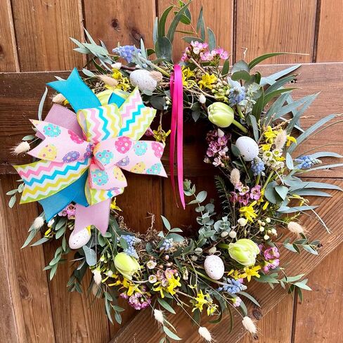 Easter Wreath Bows 10X12Inch, Pre-Tied Striped Easter Egg Wired Ribbon Spring Bow, Tree Topper Bow for Front Door Indoor Outdoor Spring Farmhouse Bow in Kuwait