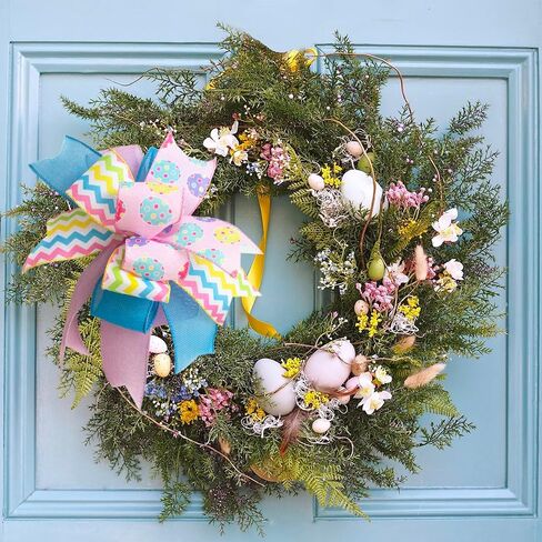 Easter Wreath Bows 10X12Inch, Pre-Tied Striped Easter Egg Wired Ribbon Spring Bow, Tree Topper Bow for Front Door Indoor Outdoor Spring Farmhouse Bow in Kuwait