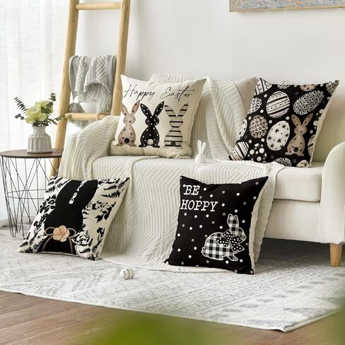 AVOIN colorlife Happy Easter Be Hoppy Rabbit Easter Eggs Black Throw Pillow Covers, 18 x 18 Inch Cushion Case Decoration for Sofa Couch Set of 4 in Saudi Arabia