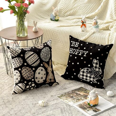 AVOIN colorlife Happy Easter Be Hoppy Rabbit Easter Eggs Black Throw Pillow Covers, 18 x 18 Inch Cushion Case Decoration for Sofa Couch Set of 4 in Saudi Arabia