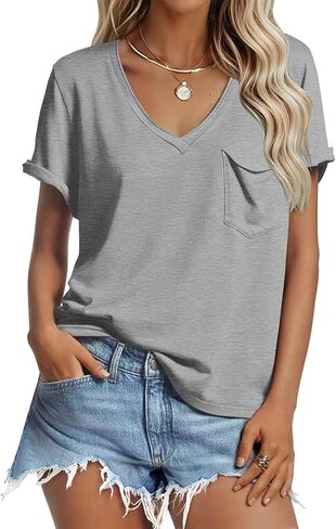 V Neck Tshirts Shirts for Women Short Sleeve Summer Tops Loose Casual Trendy 2026 Side Slit Basic Tees in Kuwait