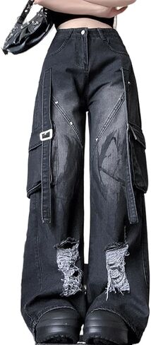 Gothic Y2K Grunge Punk High Waisted Straight Wide Leg Loose Distressed Rivet Ripped Trim Jeans for Women in Saudi Arabia