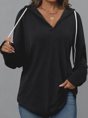 Women's Casual Lightweight Hooded Pullover Long Sleeve V-Neck Sweatshirt Top with Drawstring for Daily Wear in Saudi Arabia