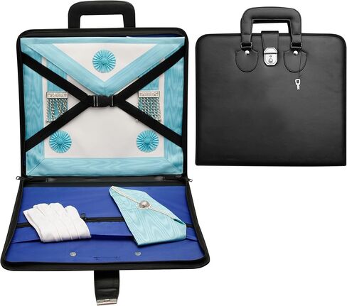 MASONS & REENACTMENT HUB Premium Master Mason Apron & Chain Collar Case – Black Leather Bag with Lock, Key, Blue Lining & Soft/Hard Handle (MM/WM) (Soft Handle) in Saudi Arabia