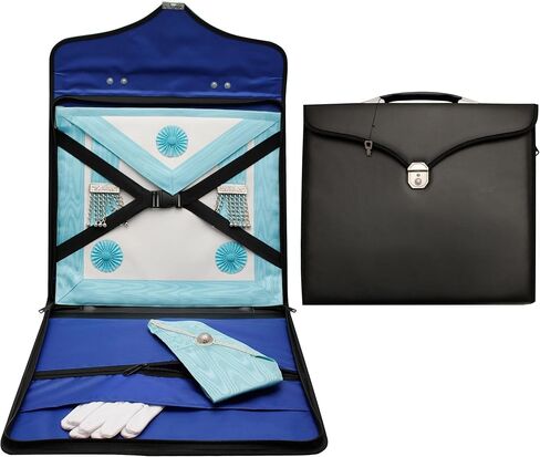 MASONS & REENACTMENT HUB Premium Master Mason Apron & Chain Collar Case – Black Leather Bag with Lock, Key, Blue Lining & Soft/Hard Handle (MM/WM) (Soft Handle) in Saudi Arabia