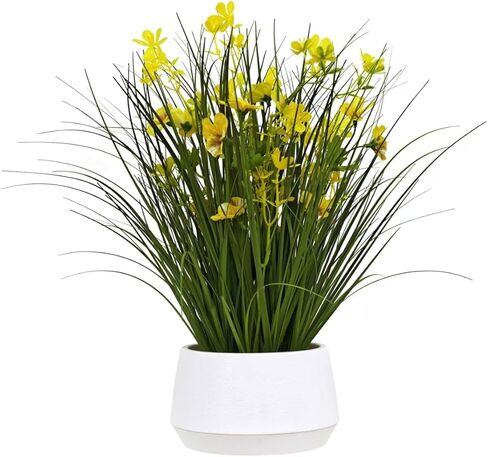 365 ديكور مزهر 16.5 بوصة نبات عشب البصل الأصفر الاصطناعي في وعاء أبيض حديث مع حصى زخرفية - عشب صناعي مع زهور صفراء، تجميع مجاني للمنزل، سطح الطاولة، الرف وديكور سطح الطاولة in Kuwait