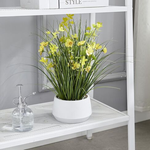 365 ديكور مزهر 16.5 بوصة نبات عشب البصل الأصفر الاصطناعي في وعاء أبيض حديث مع حصى زخرفية - عشب صناعي مع زهور صفراء، تجميع مجاني للمنزل، سطح الطاولة، الرف وديكور سطح الطاولة in Kuwait